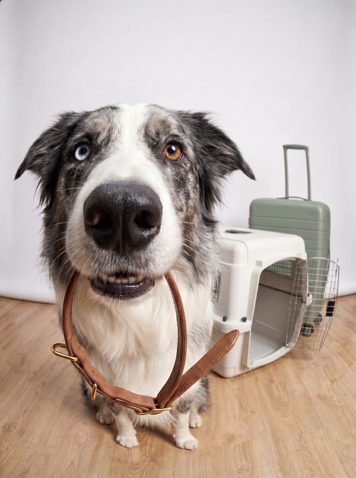 A border collie holding its leash, next to an open travel crate and a suitcase