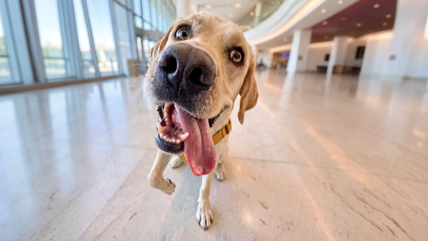 A yellow Labrador in a working harness walking up to the camera in a bright airport terminal