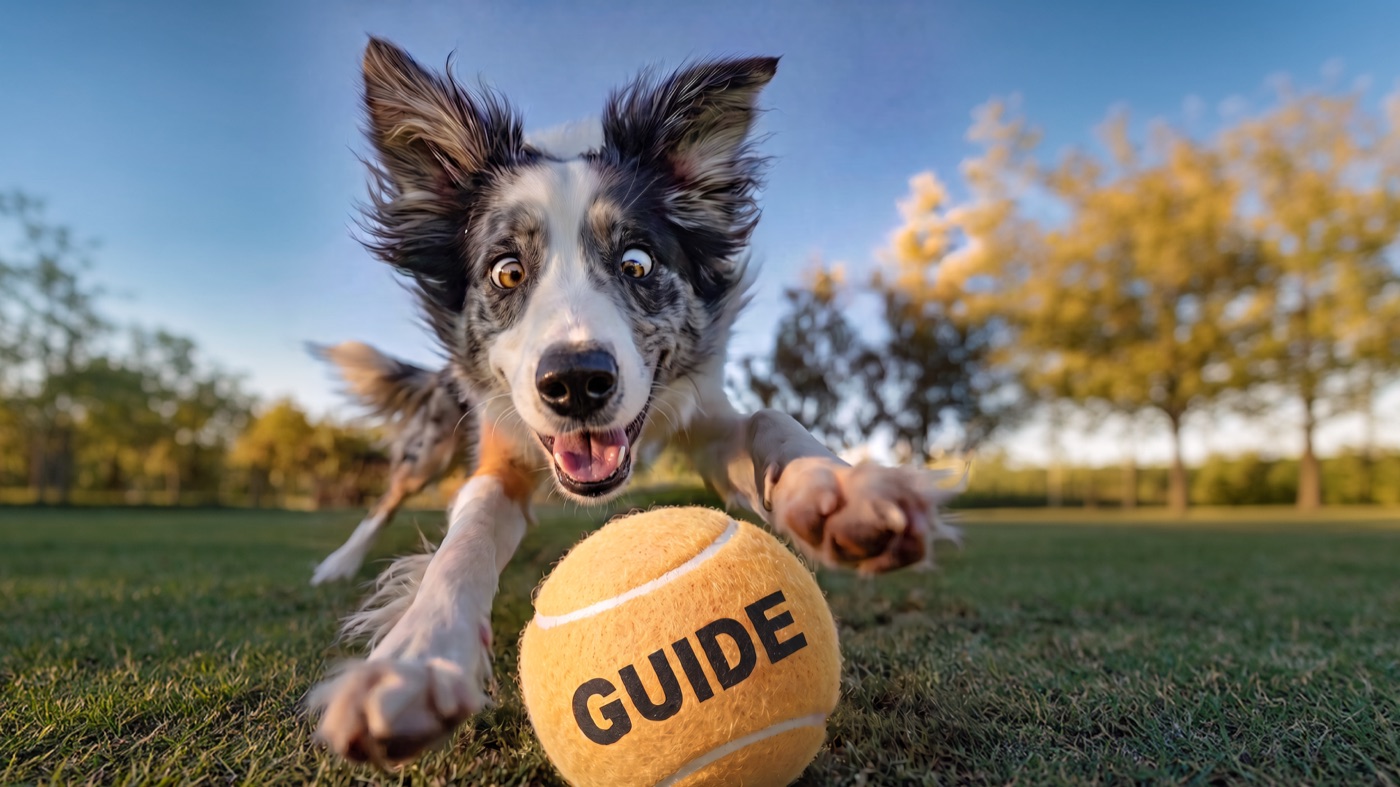 A border collie lunging for a yellow tennis ball marked GUIDE