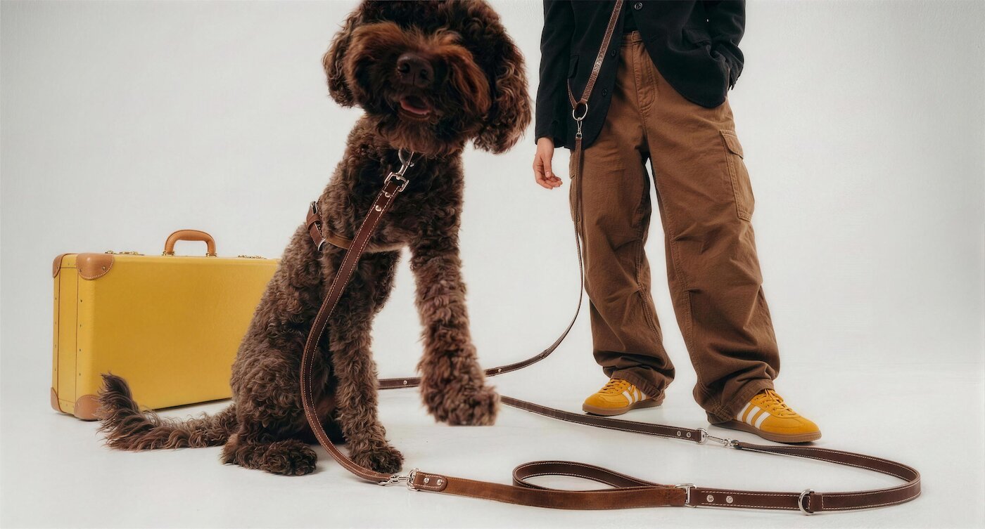 A brown poodle in a harness next to a yellow suitcase and its owner